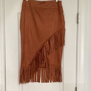 Tassel Faux Suede Asymmetrical Midi Skirt ( Light Gold Chocolate)